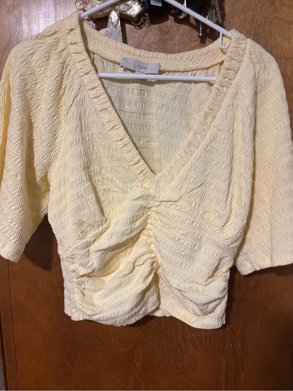 LOFT Pale Yellow Textured V-Neck Ruched Crop Top